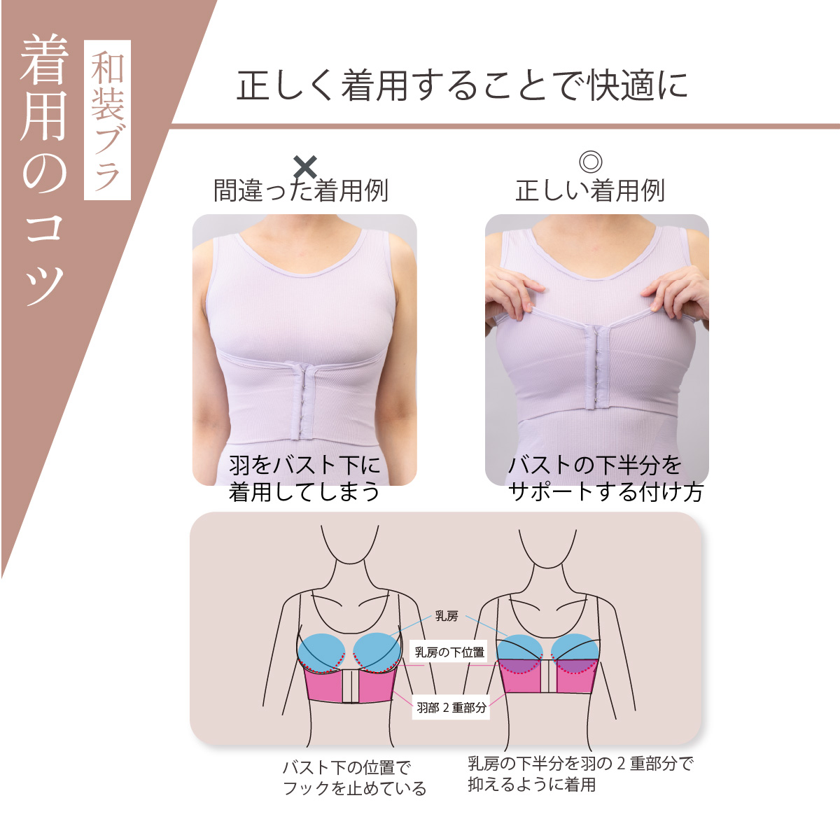 しとや華 凛 和装インナーの着用コツ。羽をバスト下に付けるのは誤りで、バストをサポートするよう正しく装着する方法を解説。