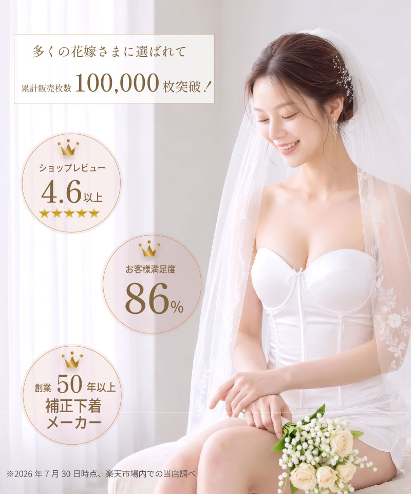 タムラのブライダルインナー累計販売枚数100,000枚突破、ショップレビュー4.6以上、お客様満足度86%、創業50年以上の補正下着メーカーであることを示す実績紹介