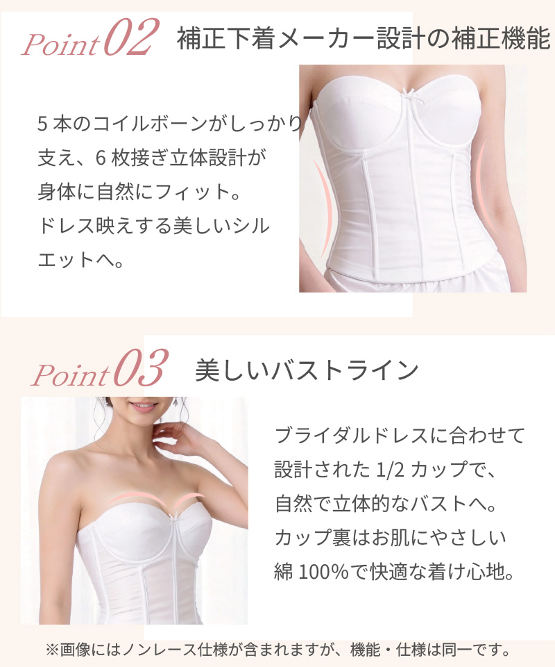 Point02 補正下着メーカー設計の補正機能｜5本のコイルボーンと6枚接ぎ立体設計 / Point03 美しいバストライン｜上品なレースが彩る1/2カップ・カップ裏綿100%