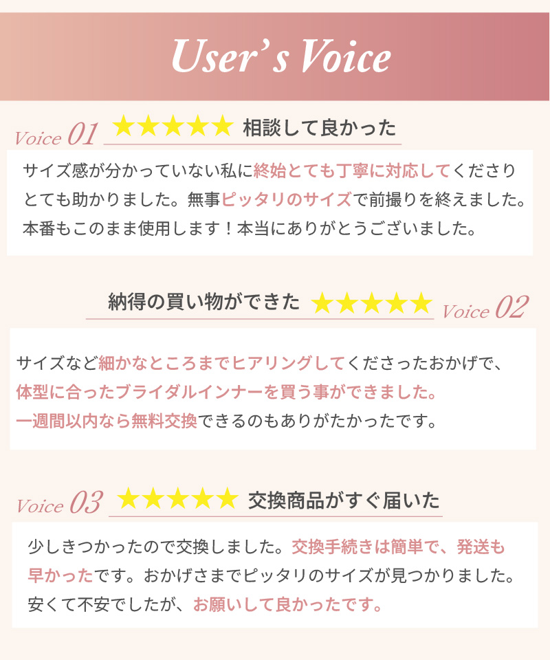 User's Voice｜お客様の声3件：相談して良かった・納得の買い物ができた・交換商品がすぐ届いた