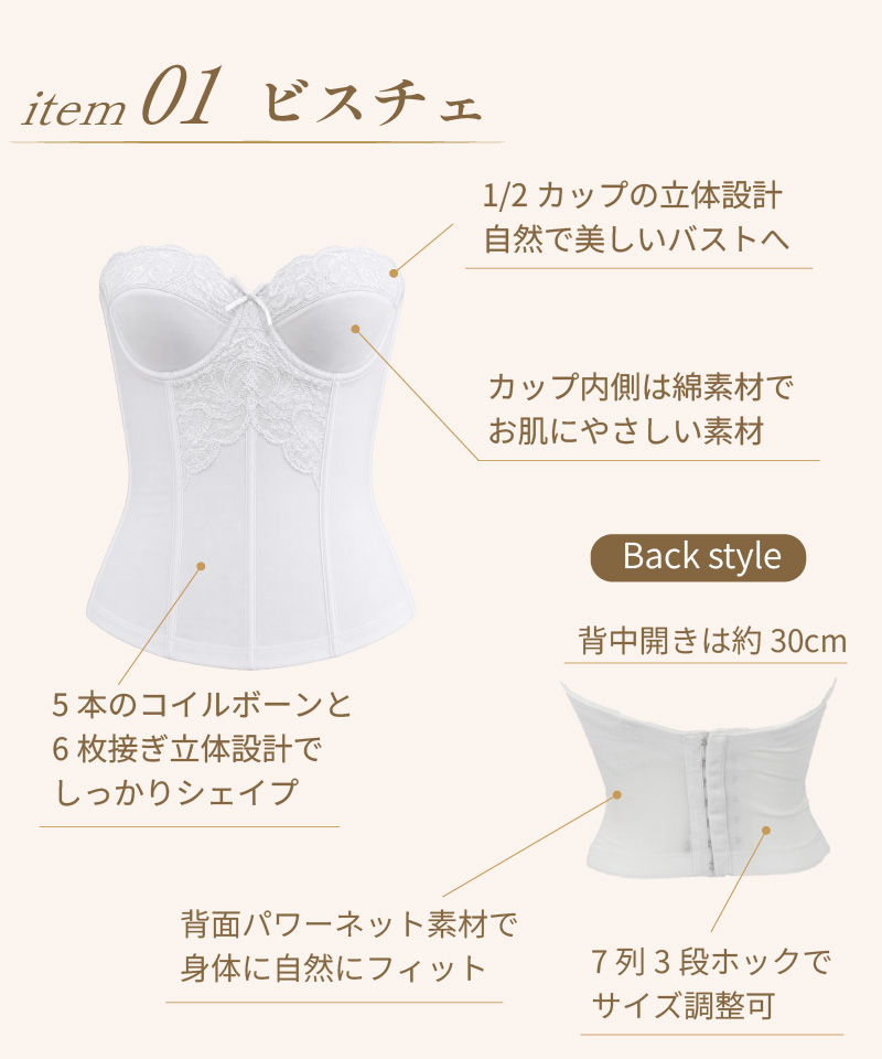 タムラのレース付きビスチェ(TZB06)の構造詳細。1/2カップの立体設計、綿素材のカップ内側、5本のコイルボーンと6枚接ぎ立体設計、背面パワーネット素材、7列3段ホックで背中開き約30cmを実現