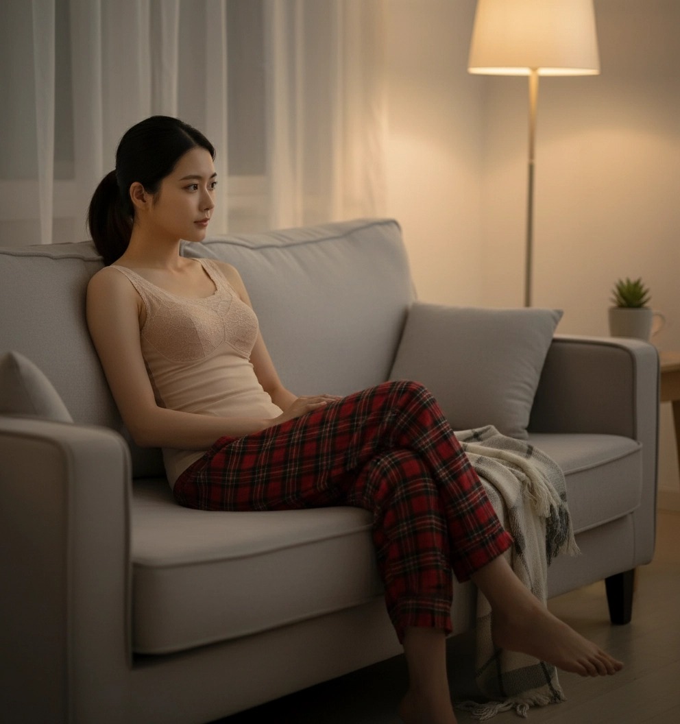夜のリラックスタイムにソファでくつろぐ、YT30リフィールシリーズの補正下着着用イメージ