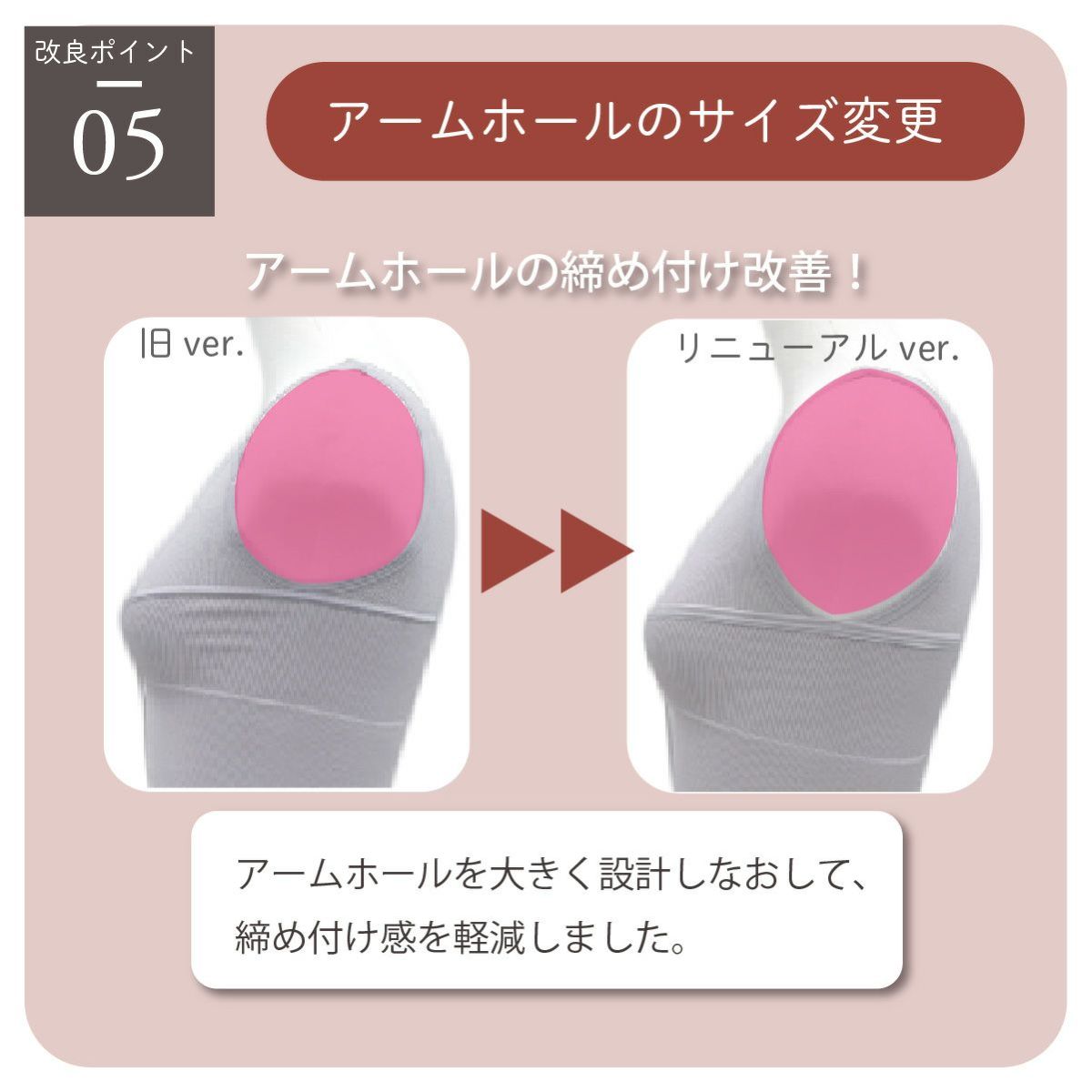 しとや華 凛 和装インナーのアームホールサイズを拡大し、締め付け感を軽減。旧バージョンとの比較画像。