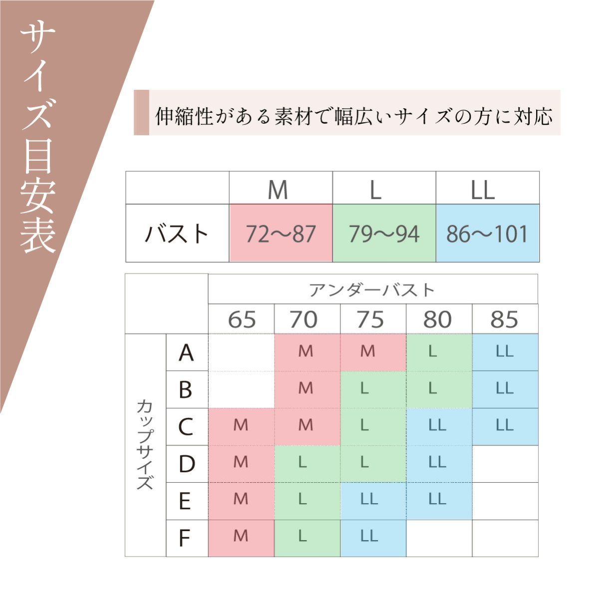 しとや華 凛 和装ブラのサイズ目安表。アンダーバストとカップサイズに対応したM・L・LLのサイズガイド。