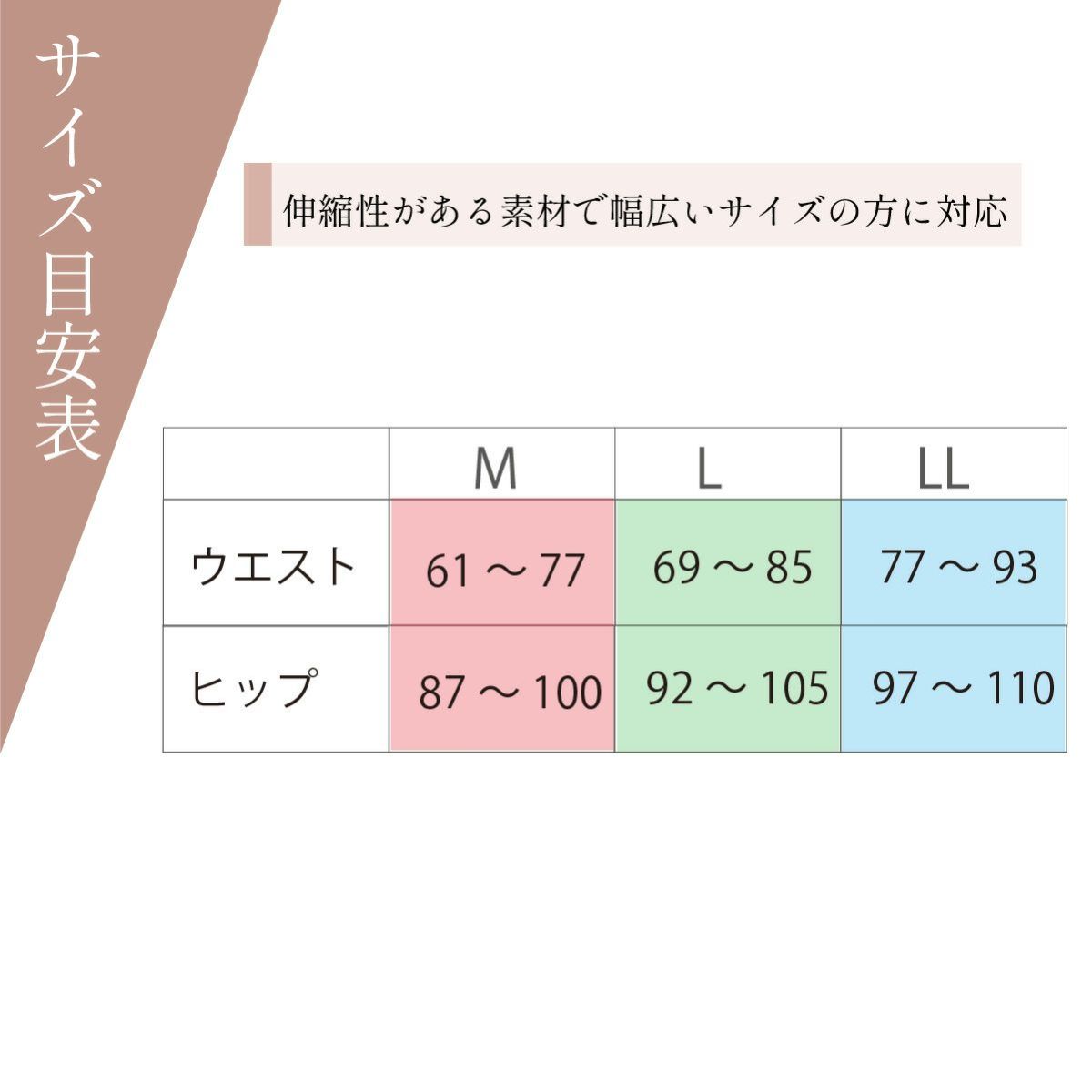 しとや華 凛 ３D立体ショーツのサイズ目安表。ウエストとヒップサイズに対応したM・L・LLのサイズガイド。
